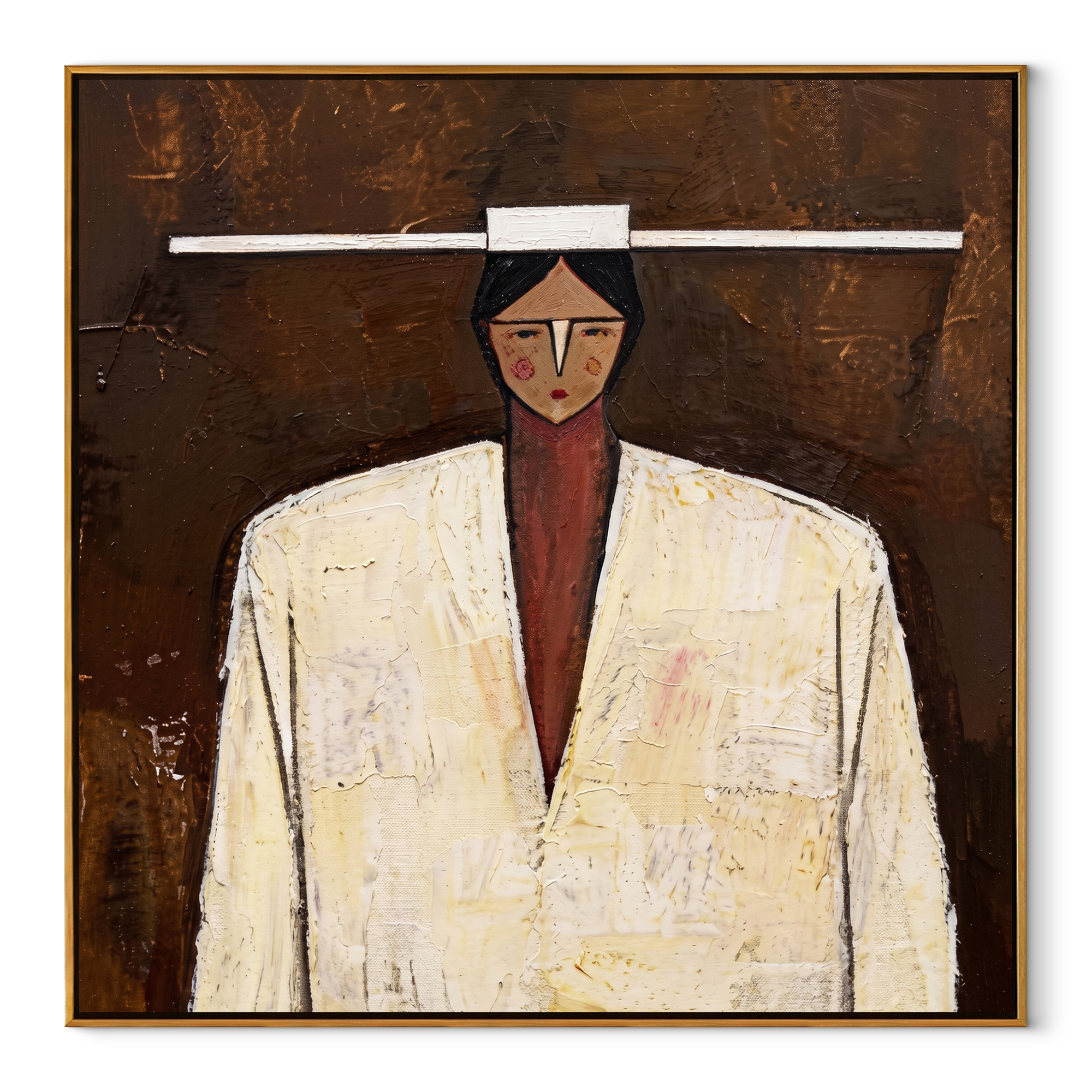White Shoulders Face Brown - geometric white coat portrait by Marcus Lau, retro modern square wall art – wood frame on white background