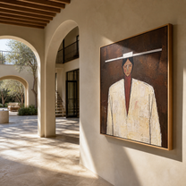 White Shoulders Face Brown - geometric white coat portrait by Marcus Lau, retro modern square wall art – styled room scene view 2