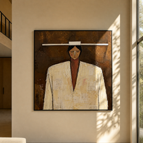 White Shoulders Face Brown - geometric white coat portrait by Marcus Lau, retro modern square wall art – styled room scene view 3