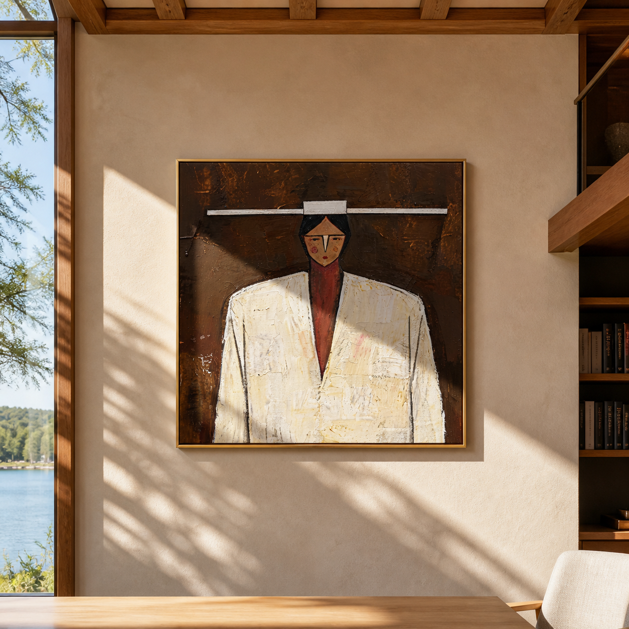 White Shoulders Face Brown - geometric white coat portrait by Marcus Lau, retro modern square wall art – styled room scene view 4