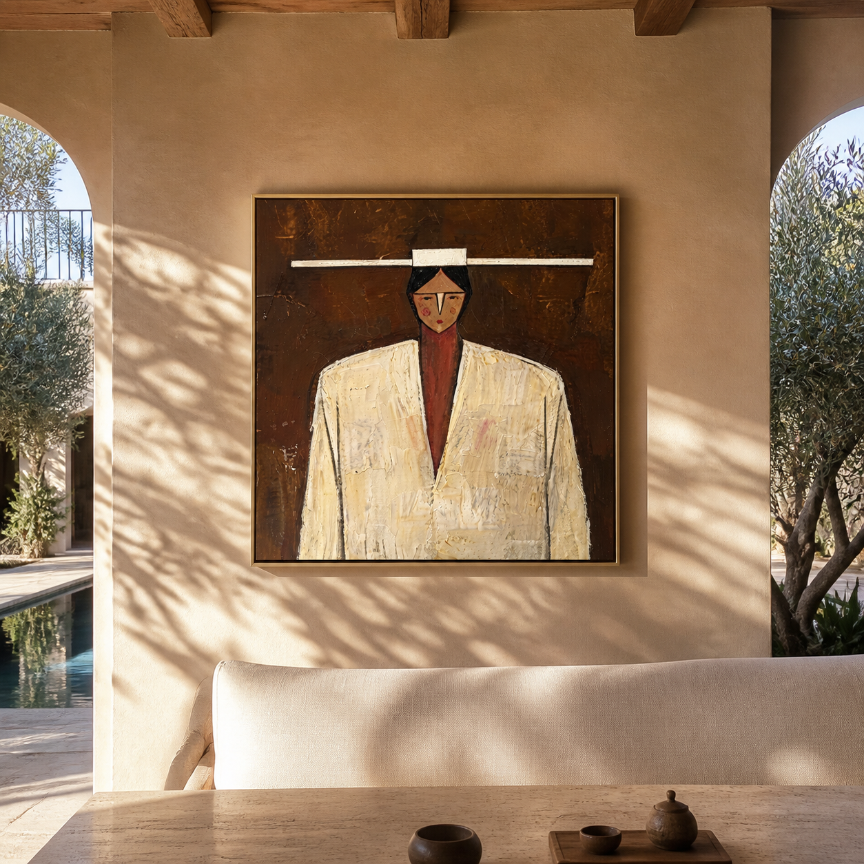 White Shoulders Face Brown - geometric white coat portrait by Marcus Lau, retro modern square wall art – styled room scene view 5