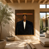 Black Coat Meets Copper - black coat man portrait by Marcus Lau, retro modern vertical wall art – styled room scene view 1