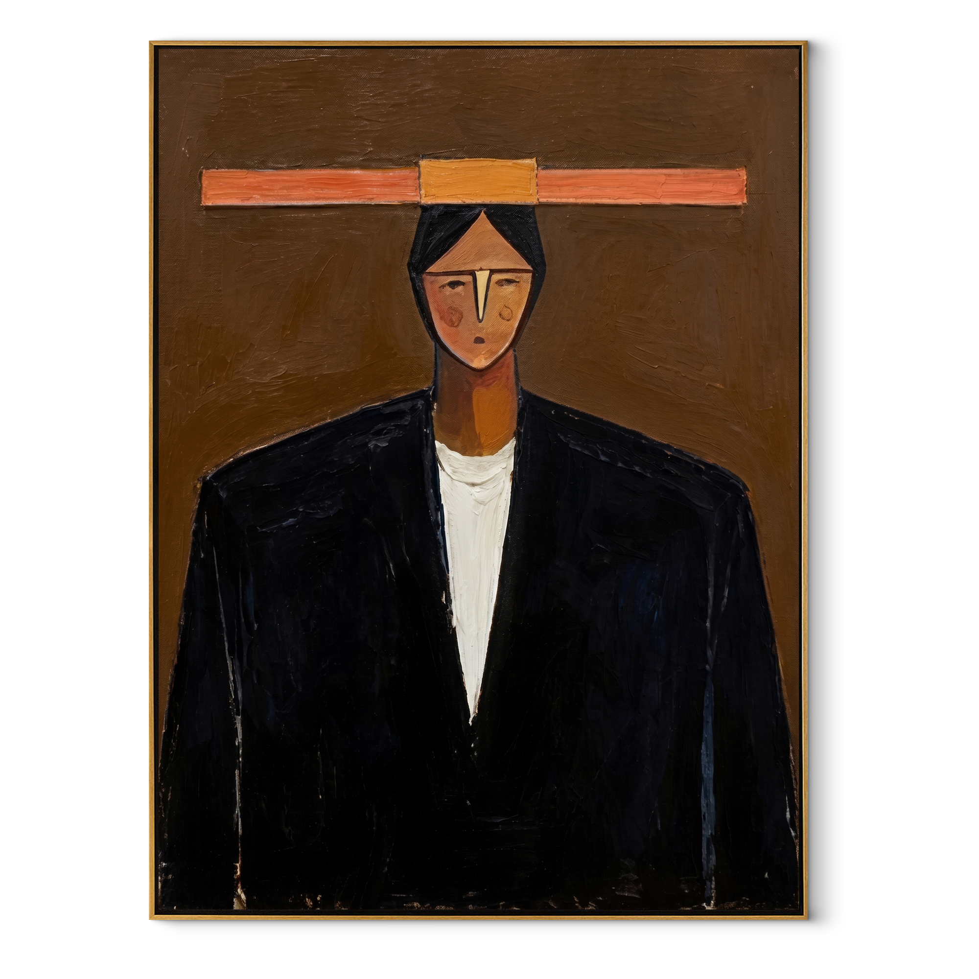 Black Coat Meets Copper - black coat man portrait by Marcus Lau, retro modern vertical wall art – wood frame on white background
