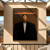 Black Coat Meets Copper - black coat man portrait by Marcus Lau, retro modern vertical wall art – styled room scene view 2