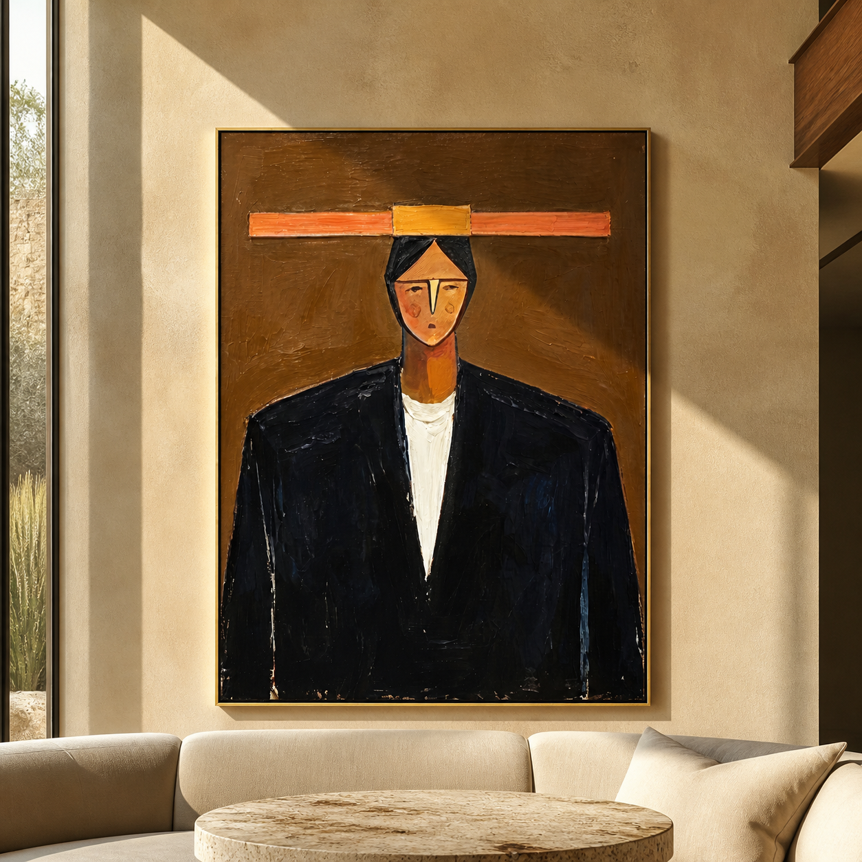 Black Coat Meets Copper - black coat man portrait by Marcus Lau, retro modern vertical wall art – styled room scene view 3