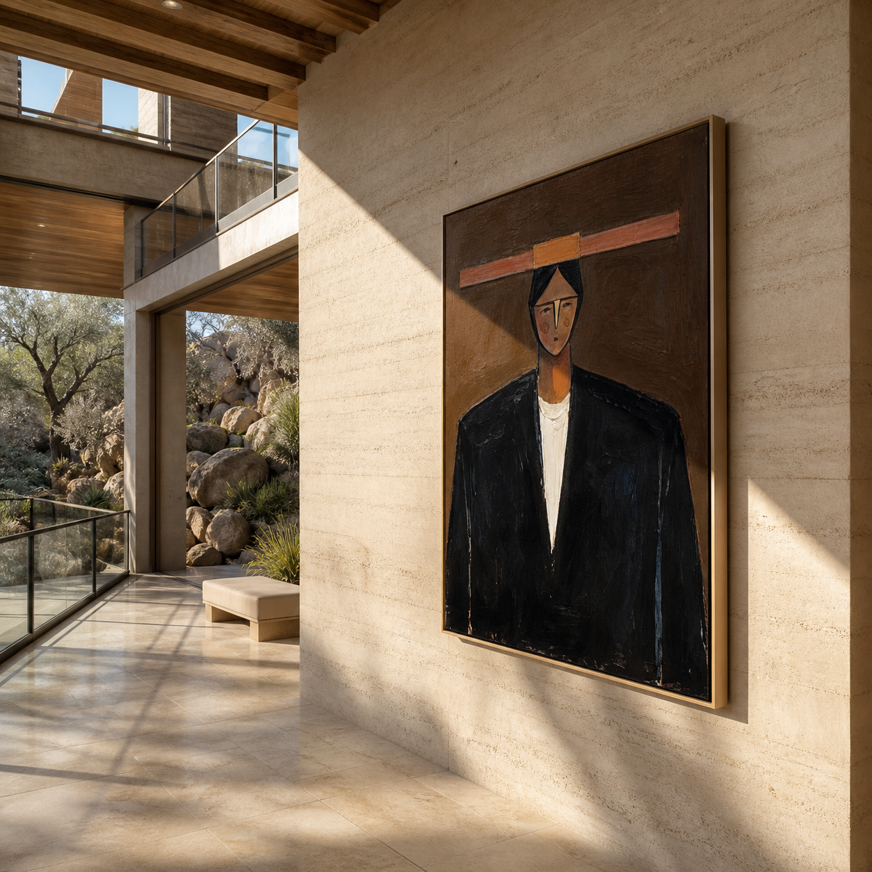Black Coat Meets Copper - black coat man portrait by Marcus Lau, retro modern vertical wall art – styled room scene view 4