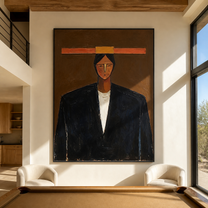 Black Coat Meets Copper - black coat man portrait by Marcus Lau, retro modern vertical wall art – styled room scene view 5