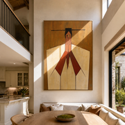 Red Hands Join Ivory - geometric joined hands painting by Marcus Lau, retro modern vertical wall art – styled room scene view 1