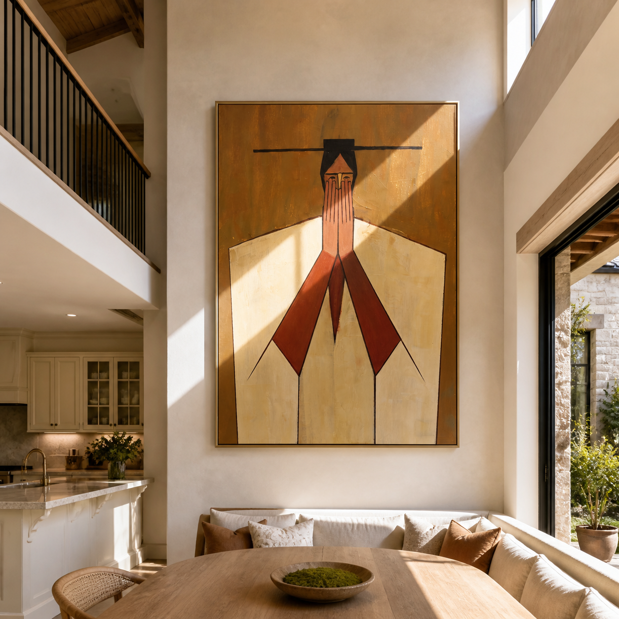 Red Hands Join Ivory - geometric joined hands painting by Marcus Lau, retro modern vertical wall art – styled room scene view 1