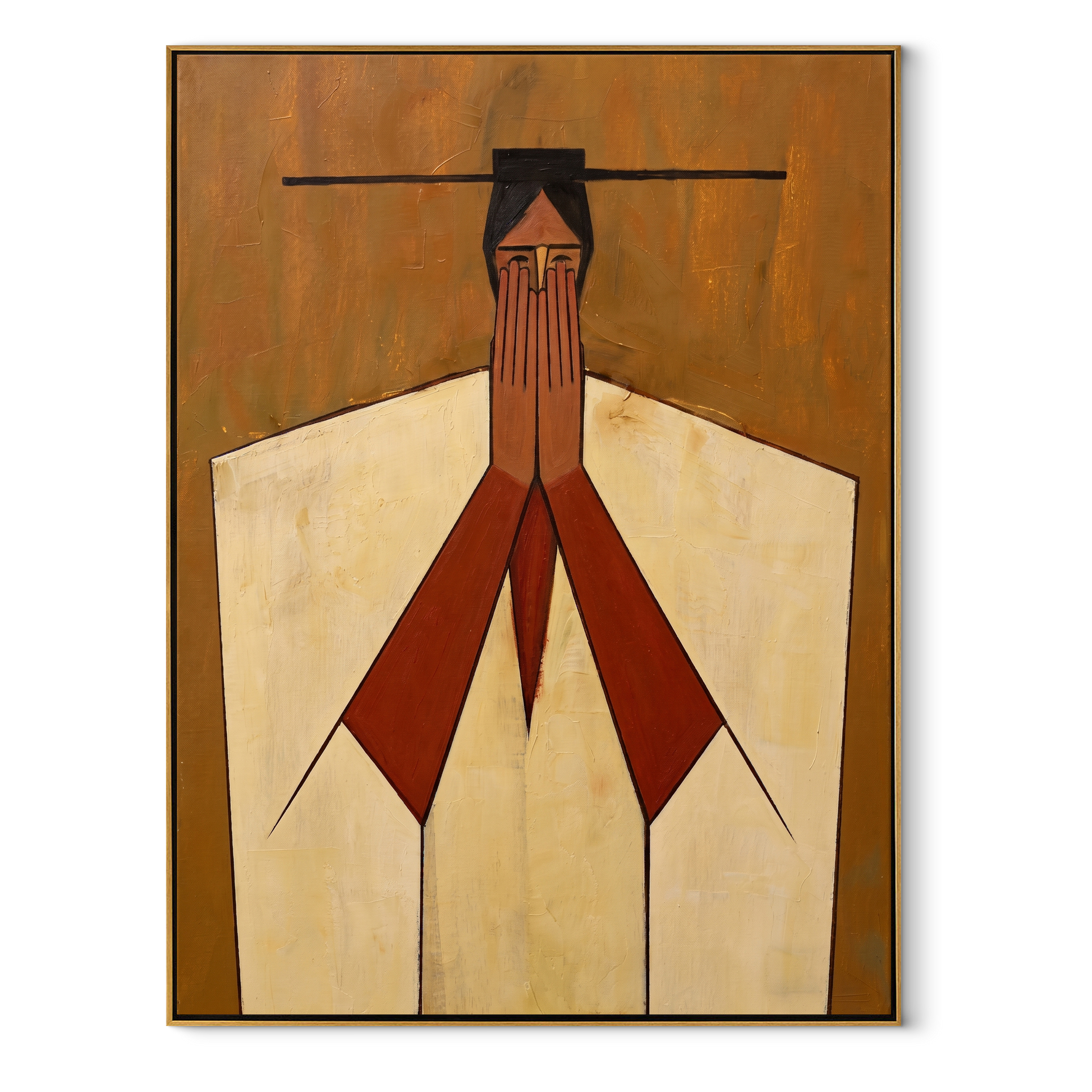 Red Hands Join Ivory - geometric joined hands painting by Marcus Lau, retro modern vertical wall art – wood frame on white background
