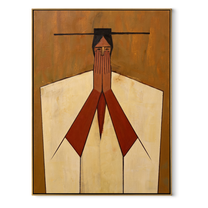 Red Hands Join Ivory - geometric joined hands painting by Marcus Lau, retro modern vertical wall art – wood frame on white background