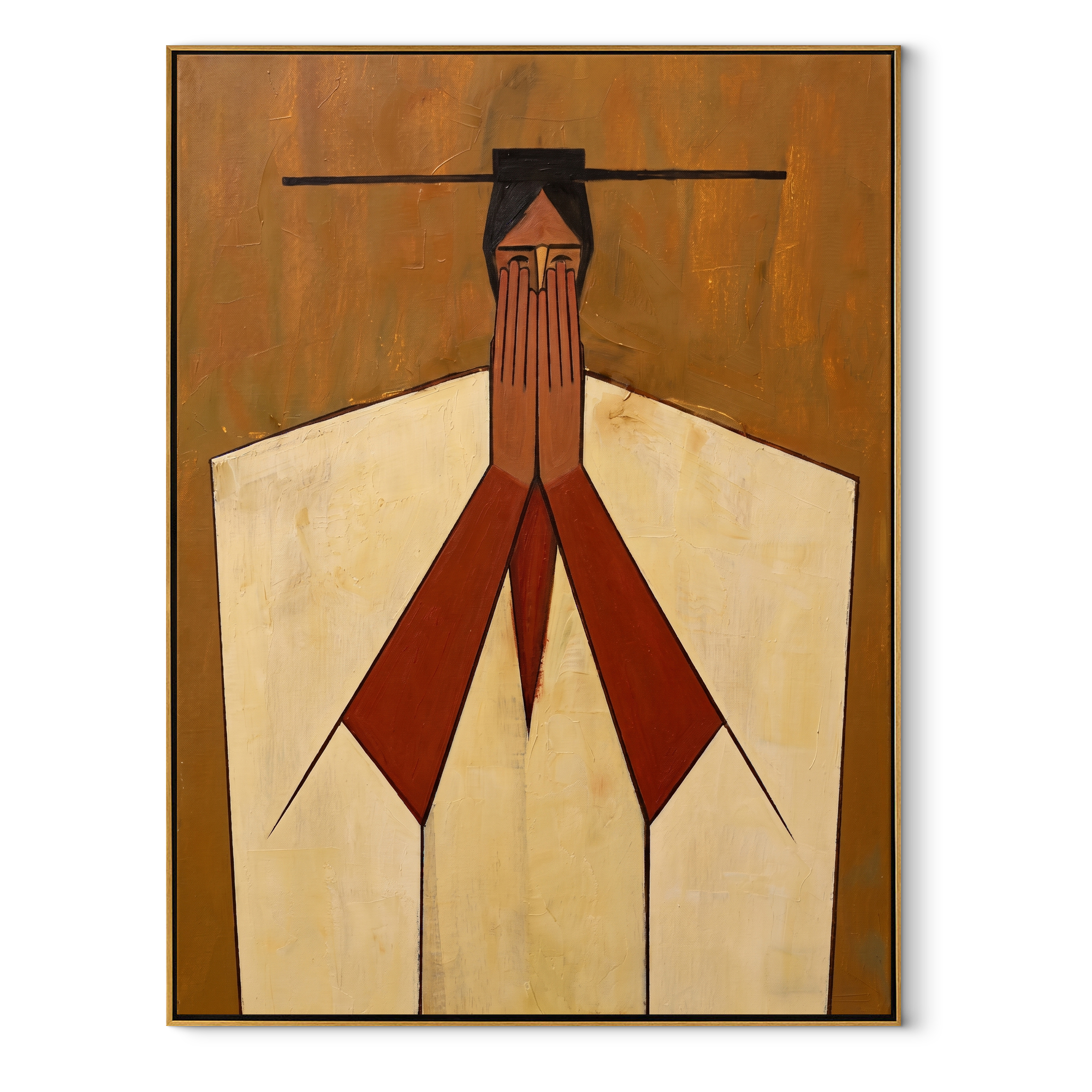 Red Hands Join Ivory - geometric joined hands painting by Marcus Lau, retro modern vertical wall art – wood frame on white background