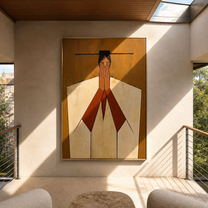 Red Hands Join Ivory - geometric joined hands painting by Marcus Lau, retro modern vertical wall art – styled room scene view 2