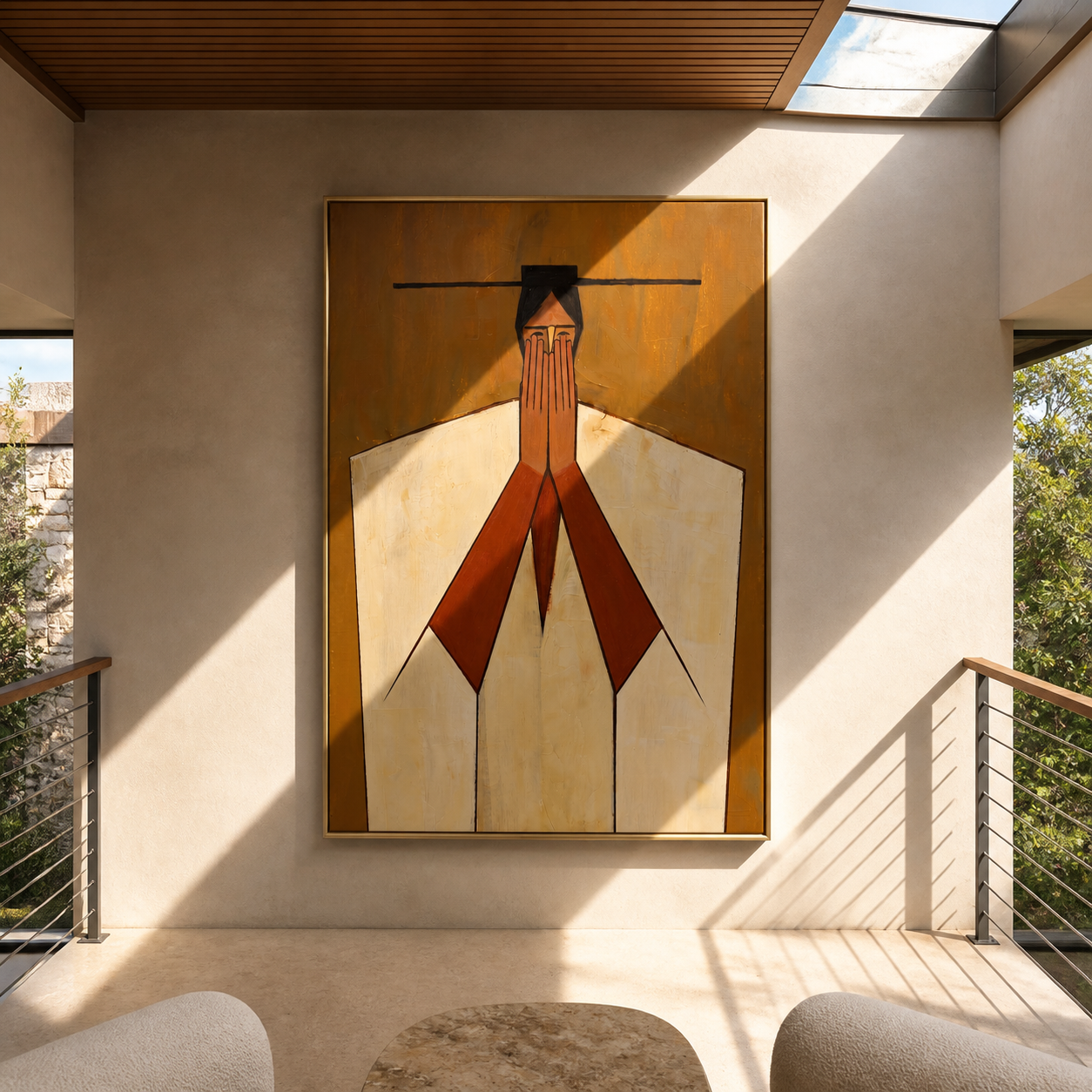 Red Hands Join Ivory - geometric joined hands painting by Marcus Lau, retro modern vertical wall art – styled room scene view 2