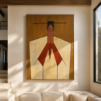 Red Hands Join Ivory - geometric joined hands painting by Marcus Lau, retro modern vertical wall art – styled room scene view 3