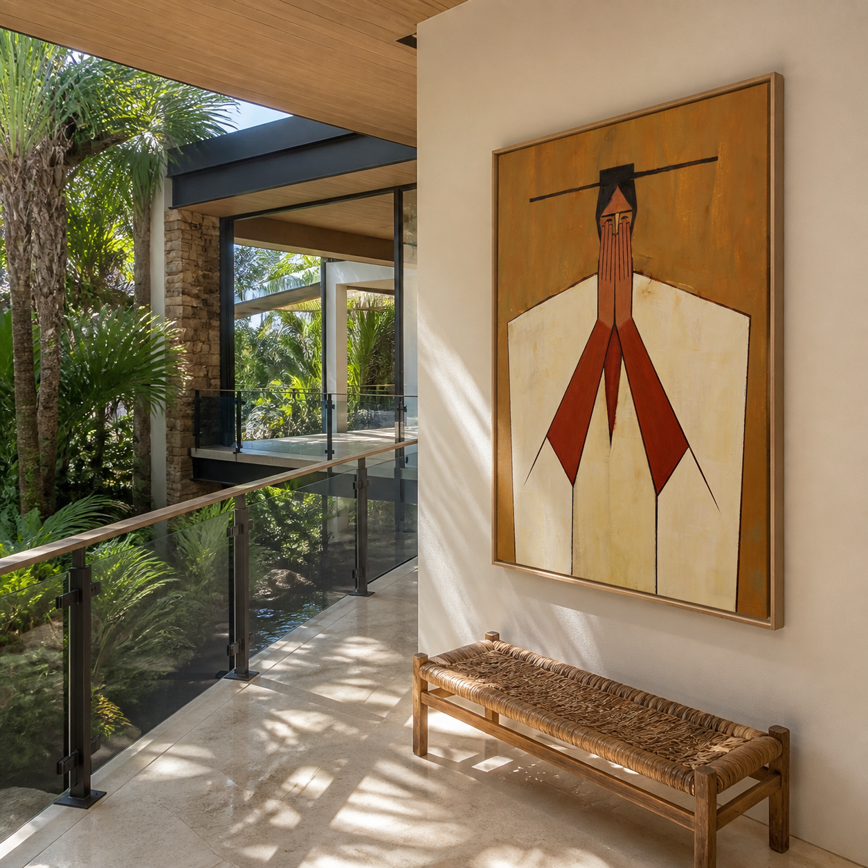 Red Hands Join Ivory - geometric joined hands painting by Marcus Lau, retro modern vertical wall art – styled room scene view 4