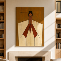Red Hands Join Ivory - geometric joined hands painting by Marcus Lau, retro modern vertical wall art – styled room scene view 5