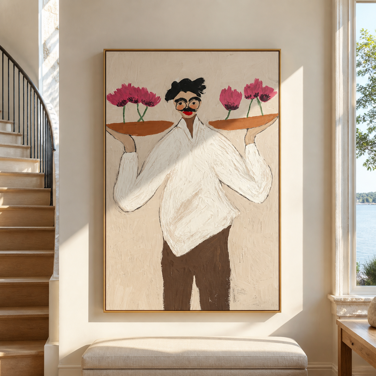 Flower Trays Balance Smile - woman balancing flower trays painting by Marcus Lau, retro modern vertical wall art – styled room scene view 1