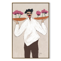 Flower Trays Balance Smile - woman balancing flower trays painting by Marcus Lau, retro modern vertical wall art – wood frame on white background
