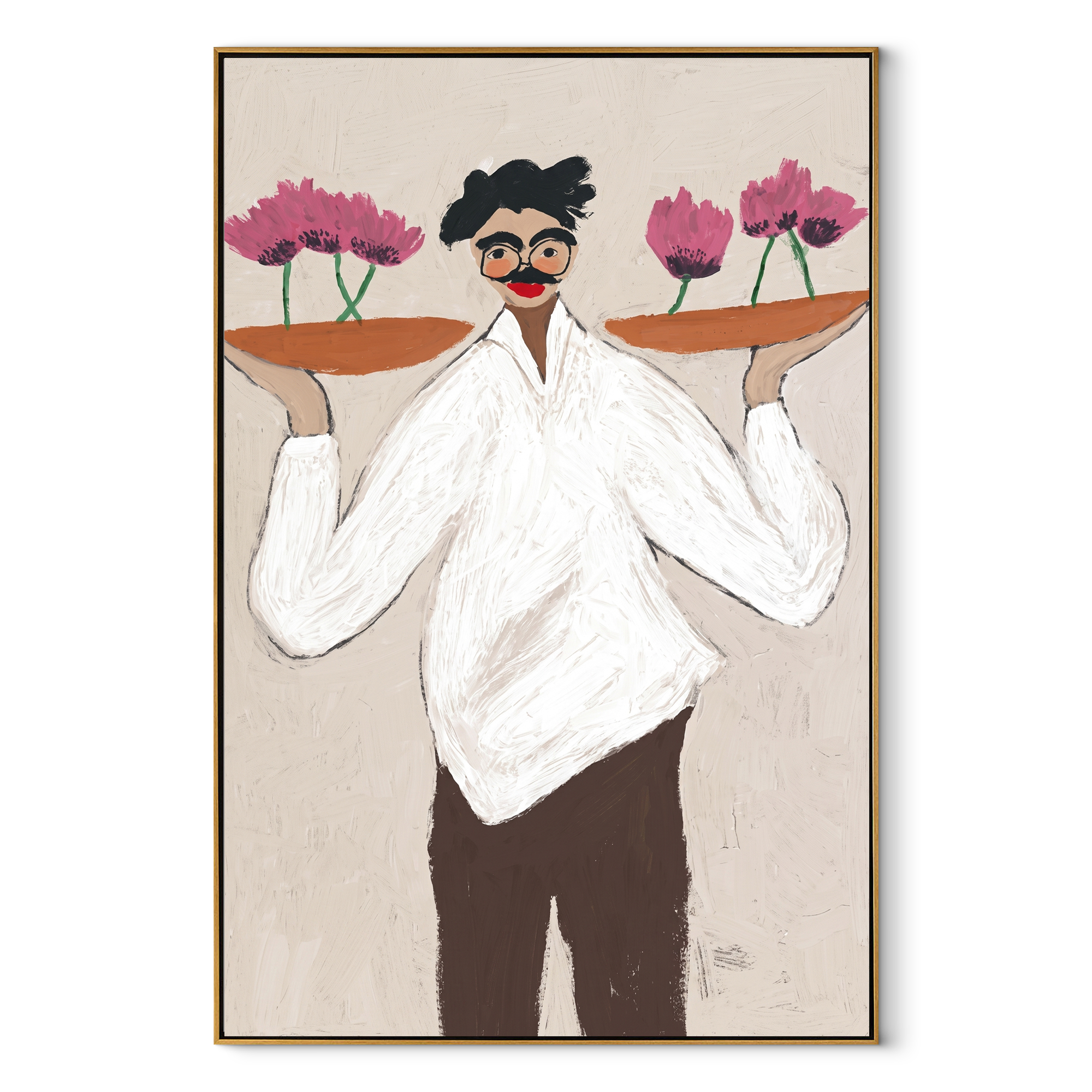 Flower Trays Balance Smile - woman balancing flower trays painting by Marcus Lau, retro modern vertical wall art – wood frame on white background