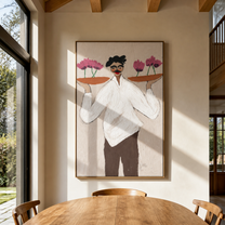 Flower Trays Balance Smile - woman balancing flower trays painting by Marcus Lau, retro modern vertical wall art – styled room scene view 2