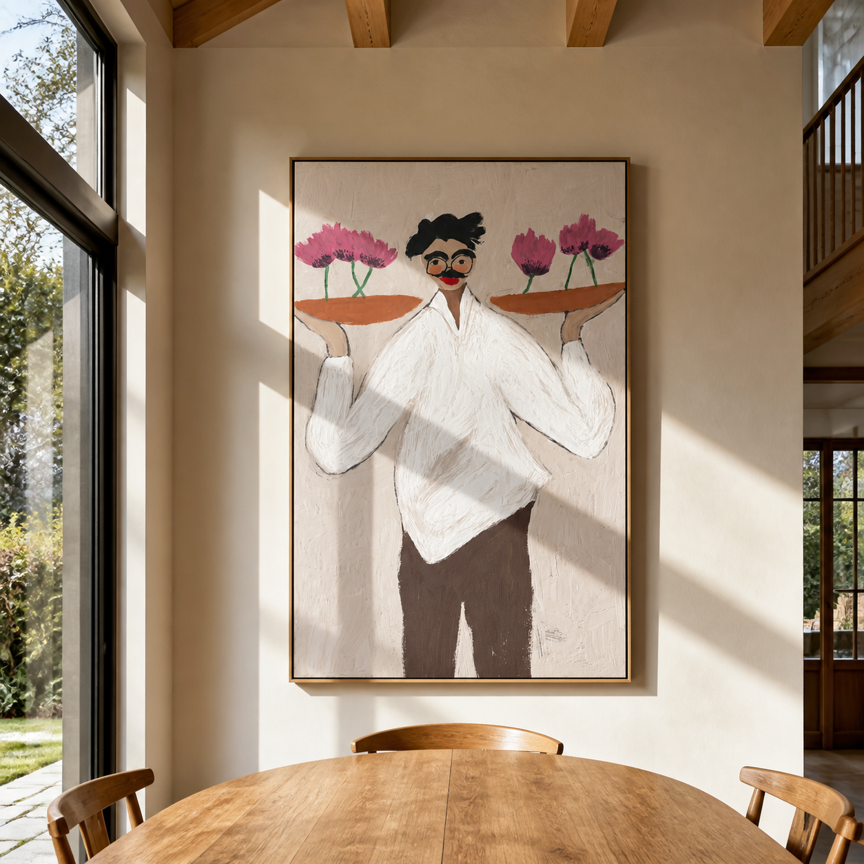 Flower Trays Balance Smile - woman balancing flower trays painting by Marcus Lau, retro modern vertical wall art – styled room scene view 2