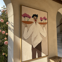 Flower Trays Balance Smile - woman balancing flower trays painting by Marcus Lau, retro modern vertical wall art – styled room scene view 3