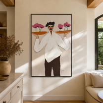 Flower Trays Balance Smile - woman balancing flower trays painting by Marcus Lau, retro modern vertical wall art – styled room scene view 4