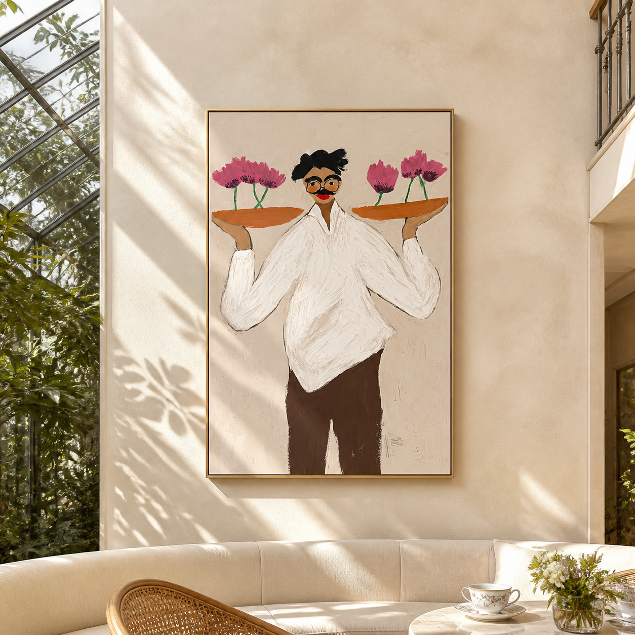 Flower Trays Balance Smile - woman balancing flower trays painting by Marcus Lau, retro modern vertical wall art – styled room scene view 5