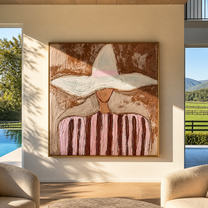 Pink Stripes Meet Brim - pink striped hat figure painting by Marcus Lau, retro modern square wall art – styled room scene view 1