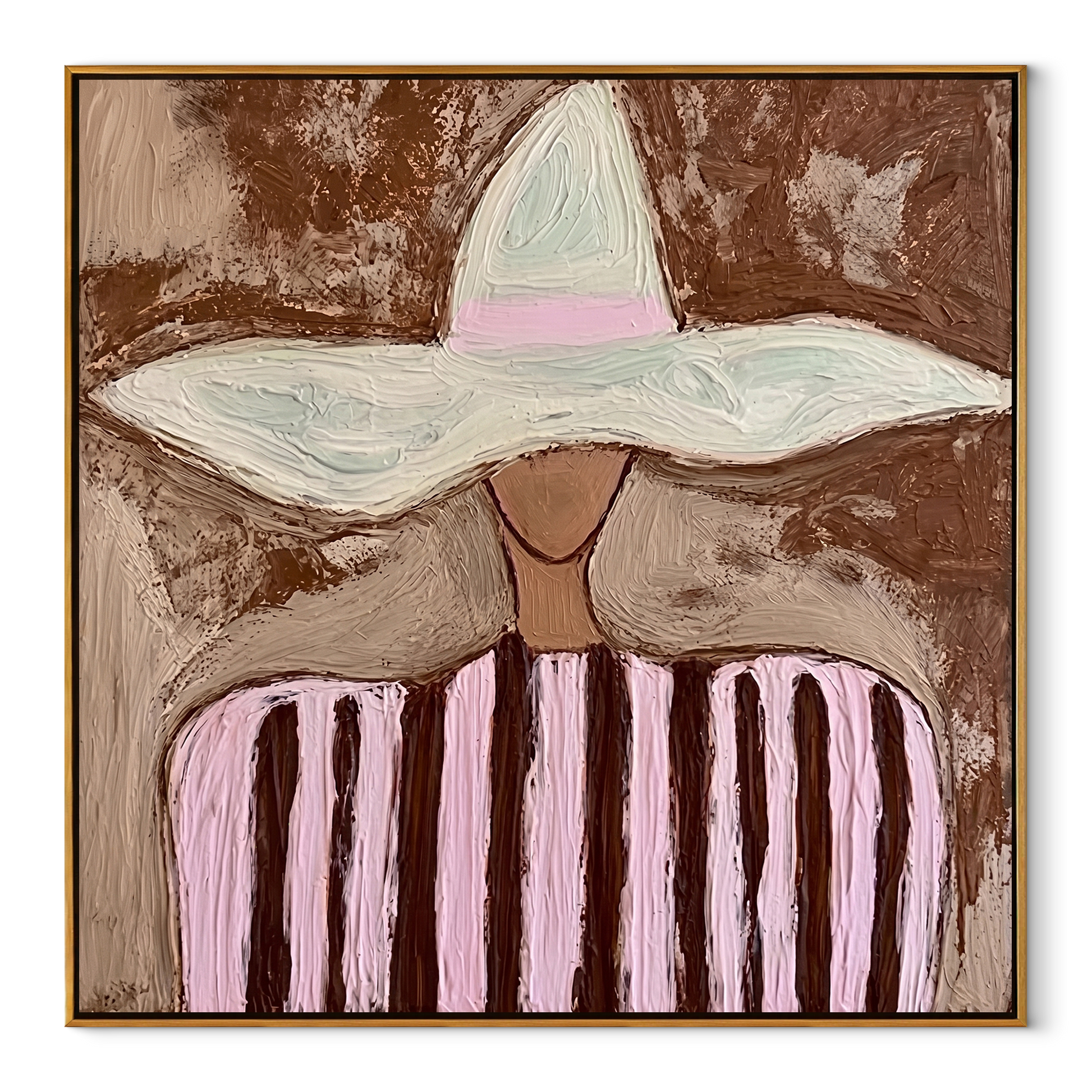 Pink Stripes Meet Brim - pink striped hat figure painting by Marcus Lau, retro modern square wall art – wood frame on white background