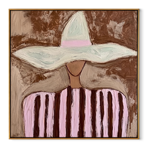 Pink Stripes Meet Brim - pink striped hat figure painting by Marcus Lau, retro modern square wall art – wood frame on white background