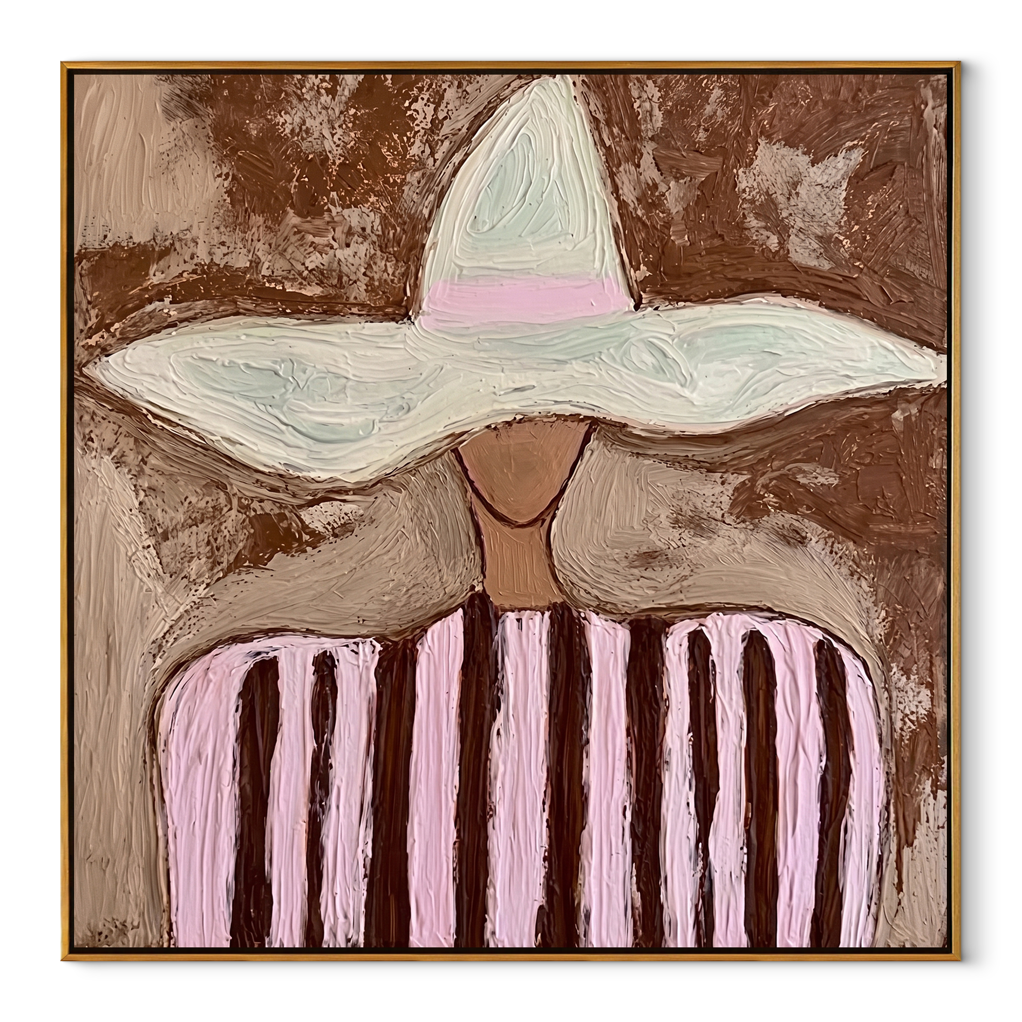 Pink Stripes Meet Brim - pink striped hat figure painting by Marcus Lau, retro modern square wall art – wood frame on white background