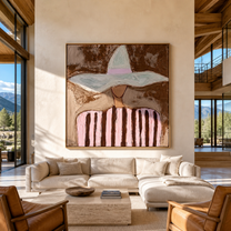 Pink Stripes Meet Brim - pink striped hat figure painting by Marcus Lau, retro modern square wall art – styled room scene view 2
