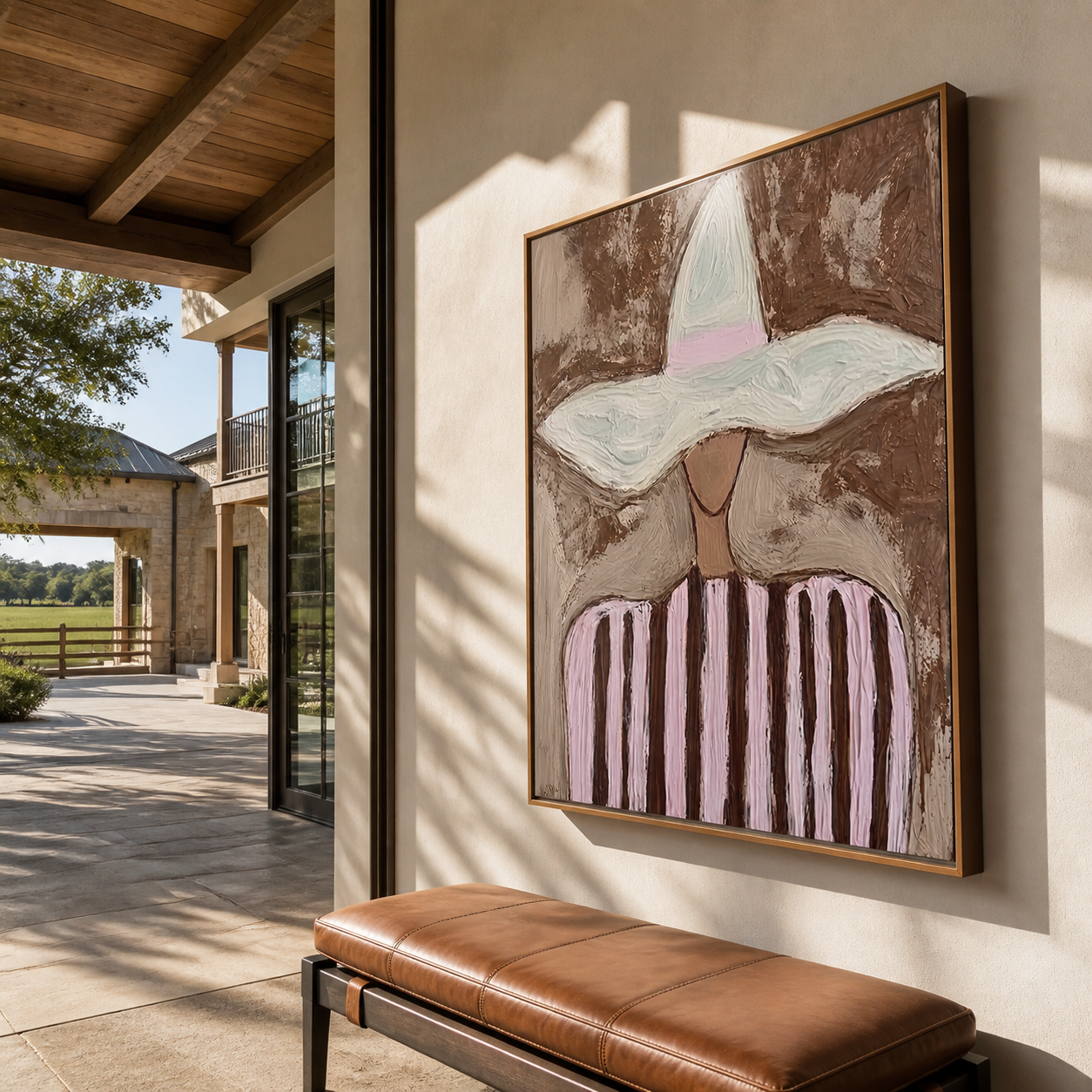 Pink Stripes Meet Brim - pink striped hat figure painting by Marcus Lau, retro modern square wall art – styled room scene view 3