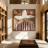 Pink Stripes Meet Brim - pink striped hat figure painting by Marcus Lau, retro modern square wall art – styled room scene view 4