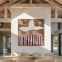 Pink Stripes Meet Brim - pink striped hat figure painting by Marcus Lau, retro modern square wall art – styled room scene view 5