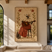 Guitar Blooms Between Flowers - woman playing guitar painting by Marcus Lau, retro modern vertical wall art – styled room scene view 1