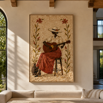 Guitar Blooms Between Flowers - woman playing guitar painting by Marcus Lau, retro modern vertical wall art – styled room scene view 1