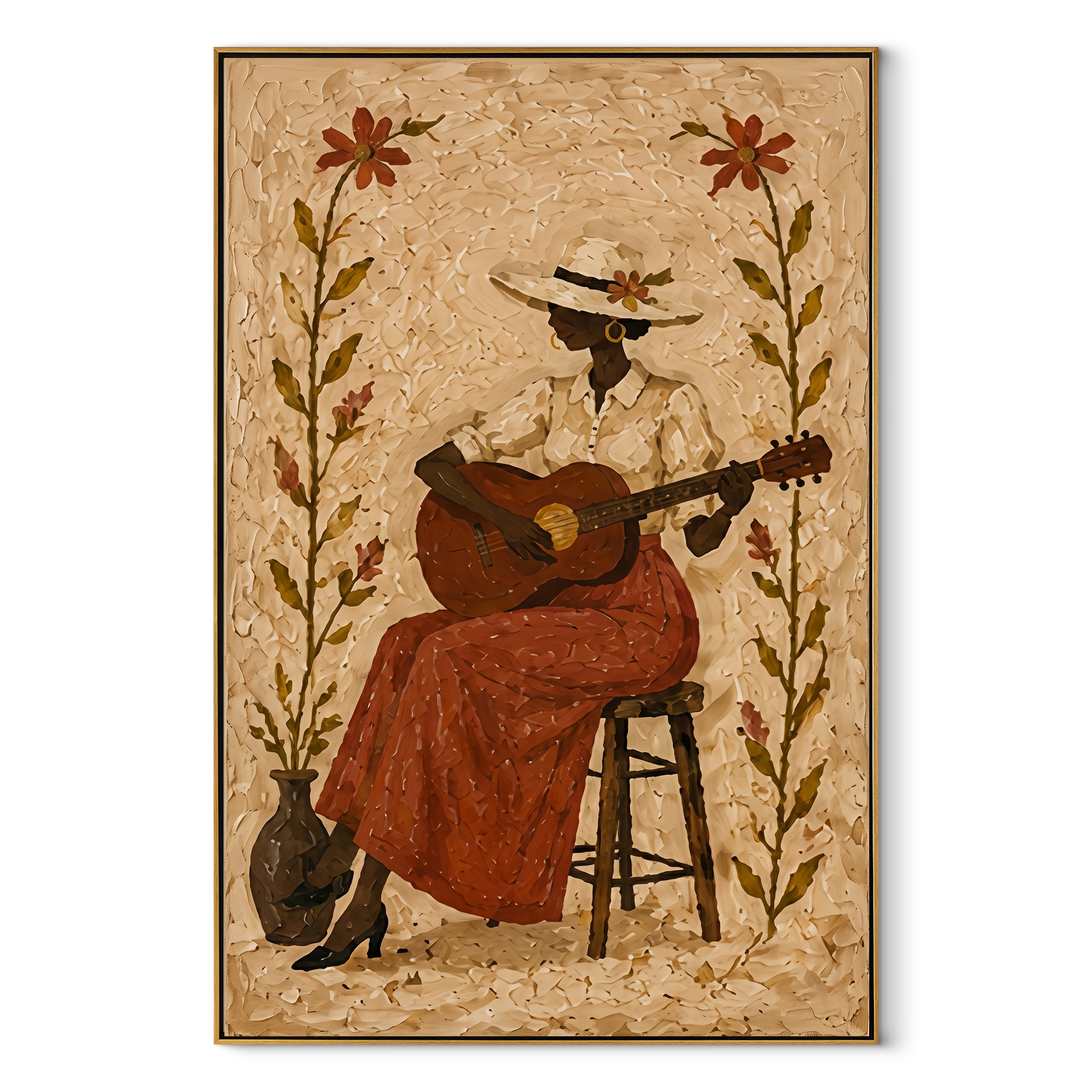 Guitar Blooms Between Flowers - woman playing guitar painting by Marcus Lau, retro modern vertical wall art – wood frame on white background