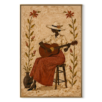 Guitar Blooms Between Flowers - woman playing guitar painting by Marcus Lau, retro modern vertical wall art – wood frame on white background