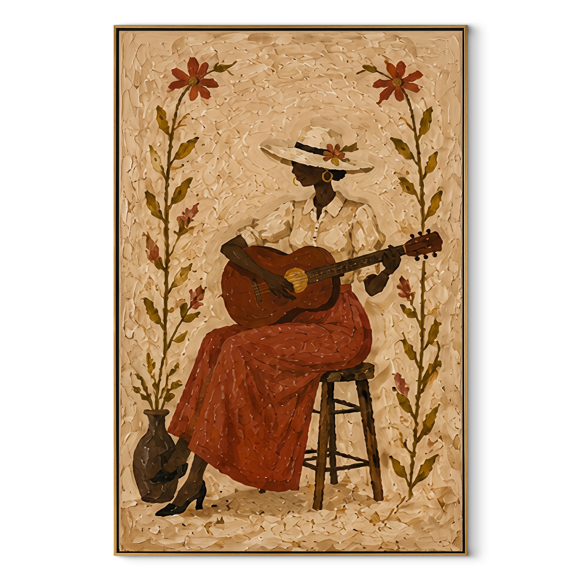 Guitar Blooms Between Flowers - woman playing guitar painting by Marcus Lau, retro modern vertical wall art – wood frame on white background