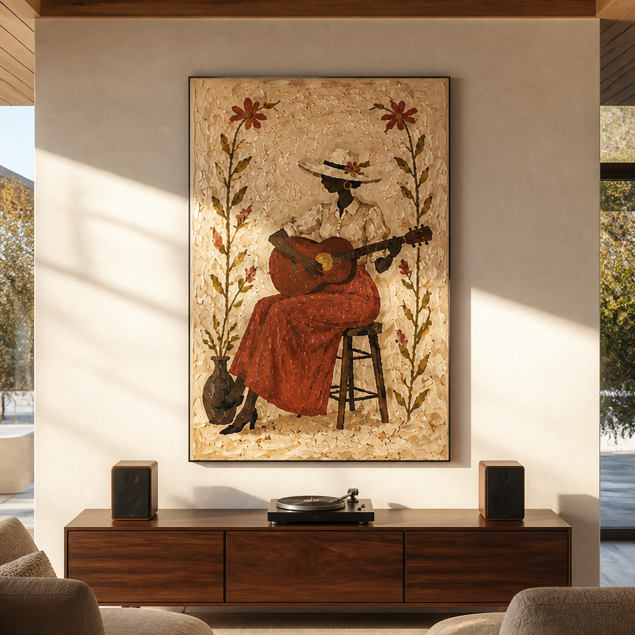 Guitar Blooms Between Flowers - woman playing guitar painting by Marcus Lau, retro modern vertical wall art – styled room scene view 3