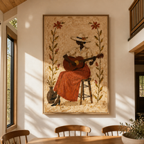 Guitar Blooms Between Flowers - woman playing guitar painting by Marcus Lau, retro modern vertical wall art – styled room scene view 4