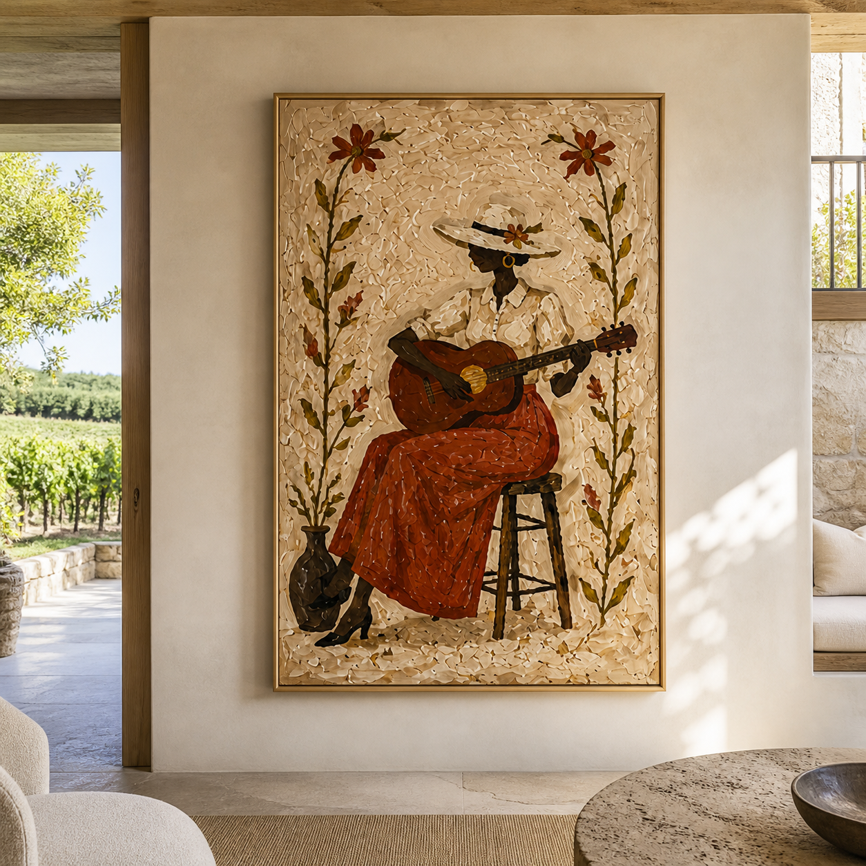 Guitar Blooms Between Flowers - woman playing guitar painting by Marcus Lau, retro modern vertical wall art – styled room scene view 5