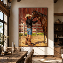Cowboy Greets Barn Chestnut - cowboy and horse painting by Marcus Lau, retro modern vertical wall art – styled room scene view 1