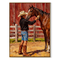 Cowboy Greets Barn Chestnut - cowboy and horse painting by Marcus Lau, retro modern vertical wall art – wood frame on white background