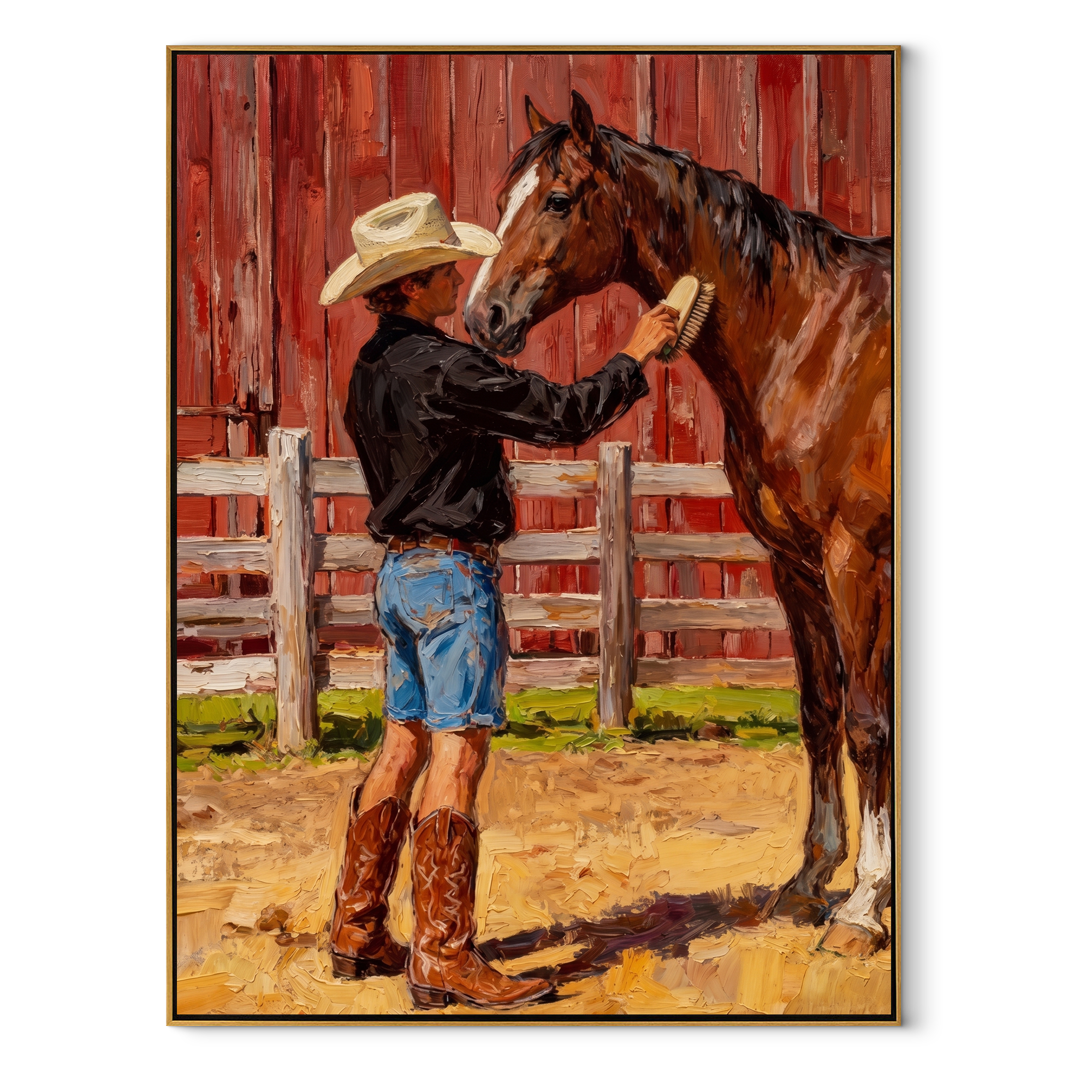 Cowboy Greets Barn Chestnut - cowboy and horse painting by Marcus Lau, retro modern vertical wall art – wood frame on white background