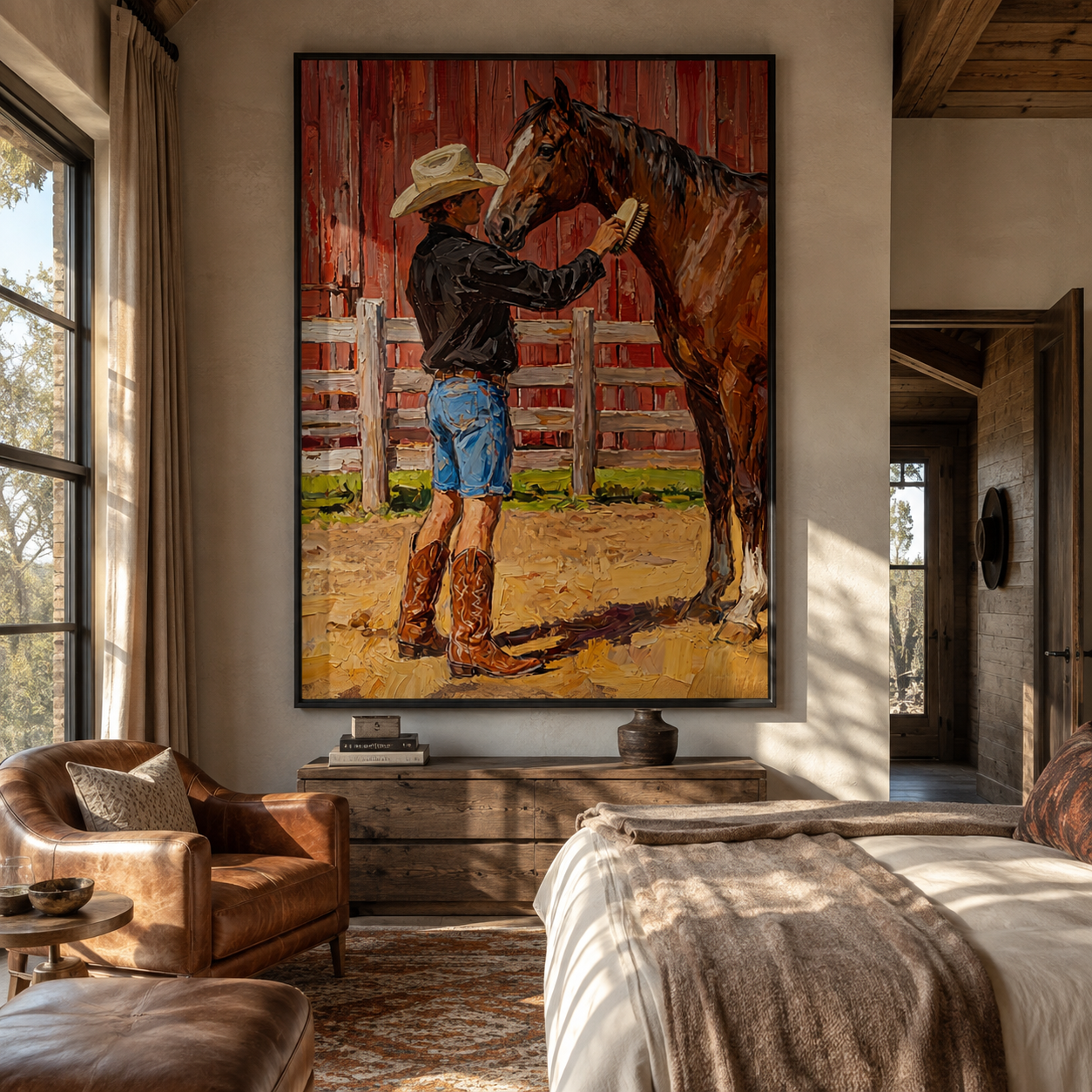 Cowboy Greets Barn Chestnut - cowboy and horse painting by Marcus Lau, retro modern vertical wall art – styled room scene view 2