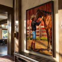 Cowboy Greets Barn Chestnut - cowboy and horse painting by Marcus Lau, retro modern vertical wall art – styled room scene view 3